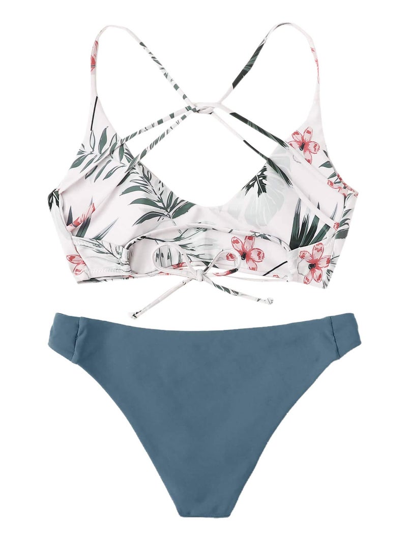 SweatyRocks Women's Sexy Bathing Suit Floral Print Cross Back Bikini Set Swimsuits White-1 L - Image 2